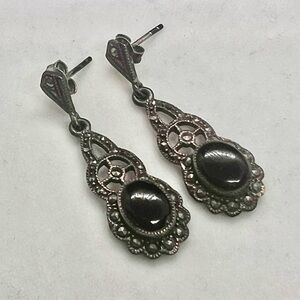 Vintage‎ Antique Art Deco Sterling Silver Marcasite Pendant Onyx Drop Earrings